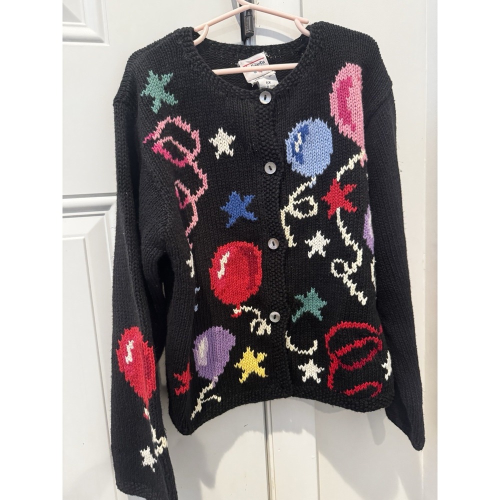 Vintage Talbots Kids Hand Knit Balloons Party Celebration Black Cardigan Sz 6X